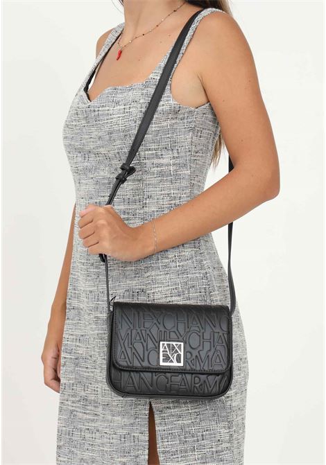 Black women's shoulder bag with allover lettering logo ARMANI EXCHANGE | 942648CC79300020